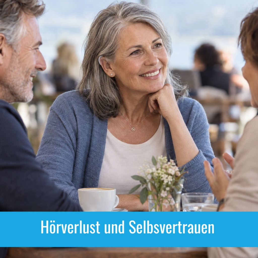 Hörverlust und Selbstvertrauen: Frau mit Hörgerät führt entspannt ein Gespräch im Café